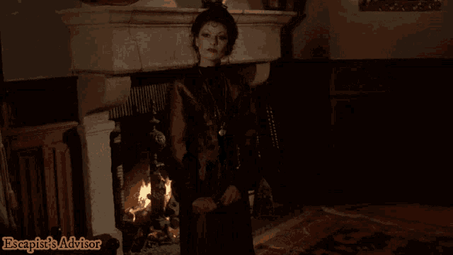a woman is standing in front of a fireplace with the words escapist 's advisor written below her