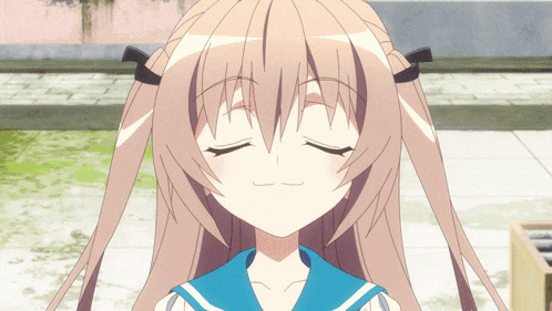 a girl with pigtails has her eyes closed and is wearing a blue school uniform