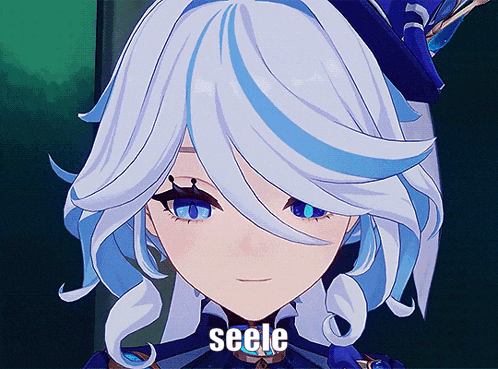 a close up of a cartoon character with the word seele on the bottom right