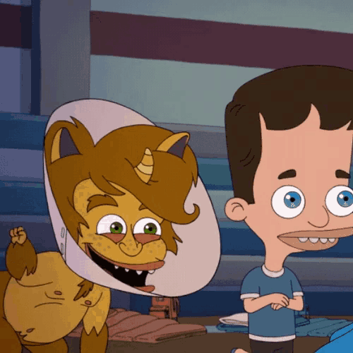 a cartoon character with a cone around his head stands next to a man