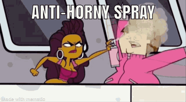 a cartoon of a woman spraying another woman with anti-horny spray