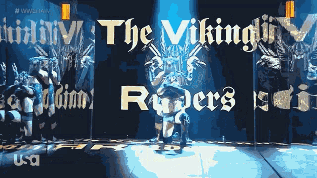 a poster for the viking raiders shows a man kneeling on the ground