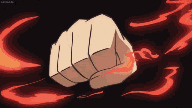 a fist with red flames coming out of it and a black background