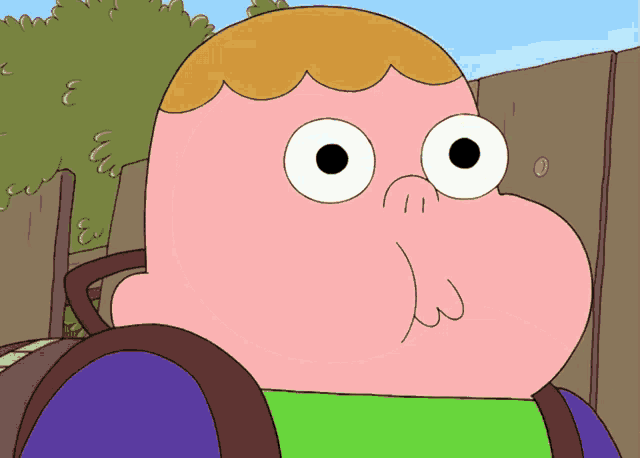 a close up of a cartoon character with a purple backpack