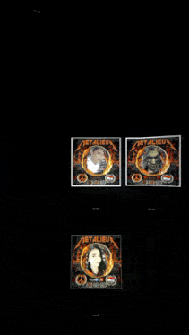 a metallica logo with a peace sign and a man in a fire circle