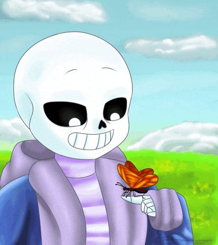 a cartoon of a skeleton holding a butterfly in his hand