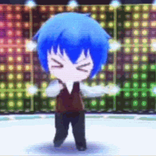 a cartoon character with blue hair is dancing on a stage .
