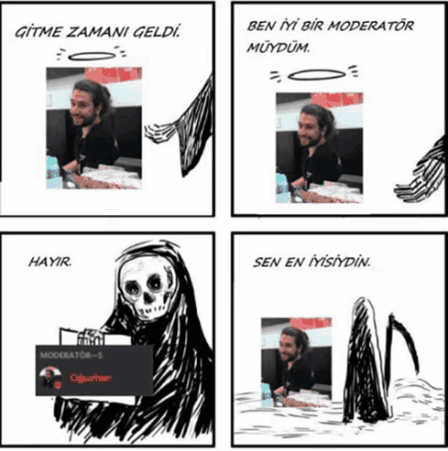 a grim reaper is holding a folder with a picture of a man on it and says " ben iyi bir moderator muydum "