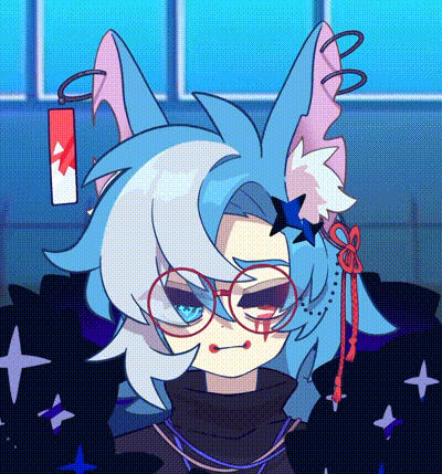 a girl with blue hair and pink ears is wearing glasses and a sweater .