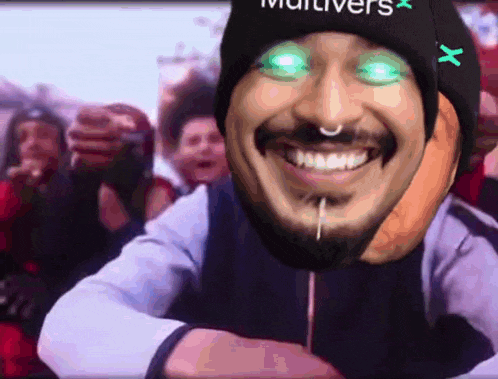 a man wearing a hat that says multivers is smiling