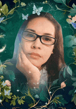 a woman wearing glasses and surrounded by flowers and butterflies
