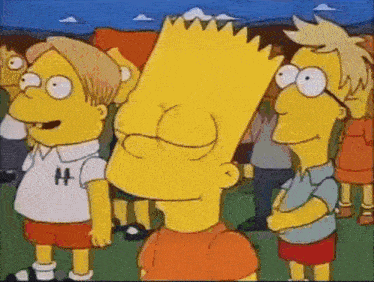 bart simpson is standing next to two other cartoon characters in a crowd .