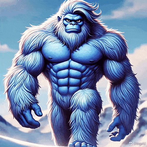 a blue yeti with a beard and muscles is standing on a snowy mountain
