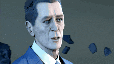 a man in a suit stands in front of a giant planet