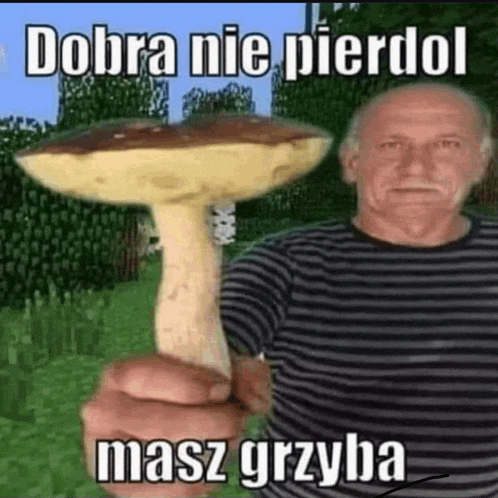 a man is holding a large mushroom in his hand in front of a forest .