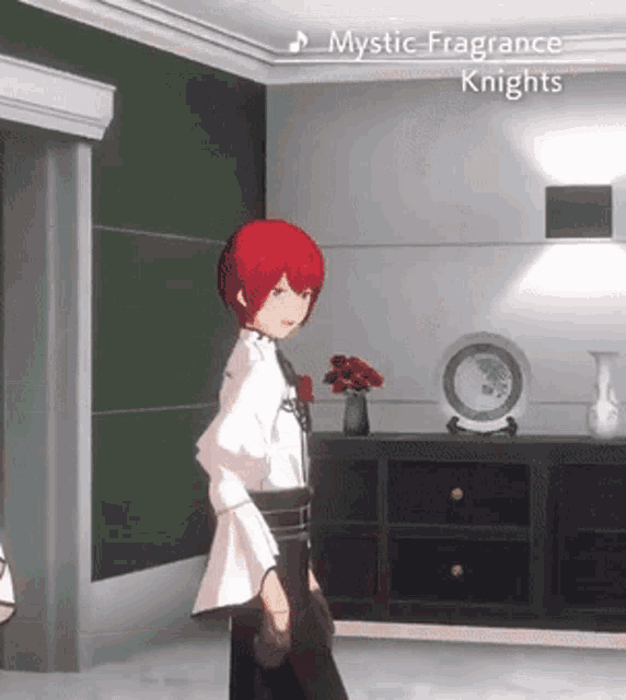 a cartoon character with red hair is standing in a room with the words mystic fragrance knights on the bottom right