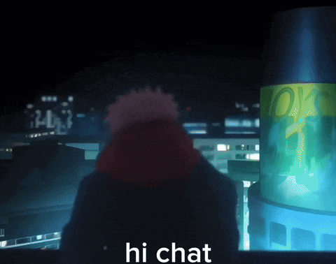 a person standing in front of a building with the word hi chat on the bottom