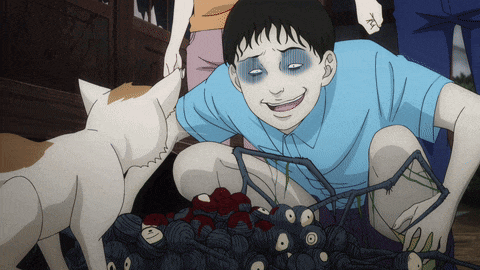 a cartoon of a boy playing with a cat and a pile of balls