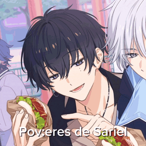 a picture of a boy holding a sandwich with the words " poveres de sariel " on the bottom