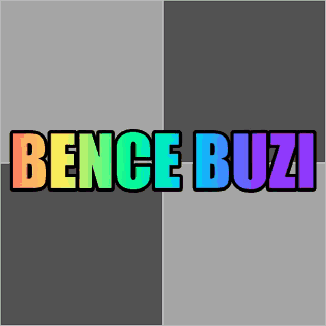 a rainbow colored bence buzi logo with a gray background
