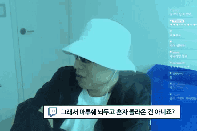 a man wearing a white hat with a twitch logo on the bottom right
