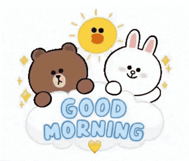 a brown bear and a white rabbit are sitting on a cloud with the words good morning