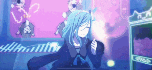 a girl with blue hair is standing in front of a video game controller in a video game .