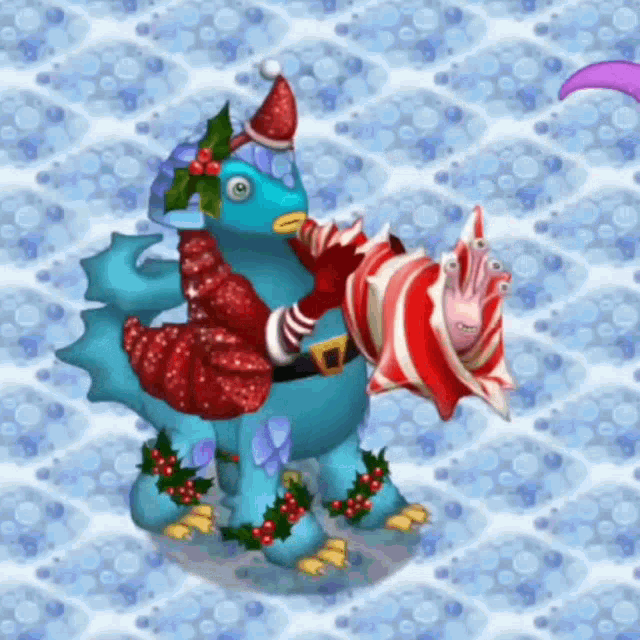 a blue cartoon character wearing a santa hat and holding a seashell