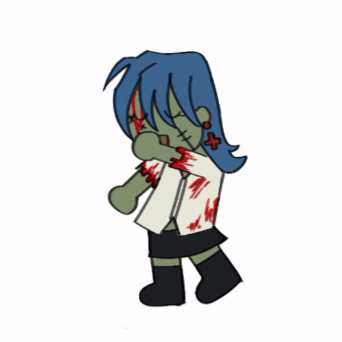 a drawing of a zombie with blue hair and a white shirt