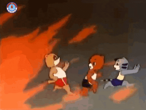 a group of cartoon animals are running in front of a fire .