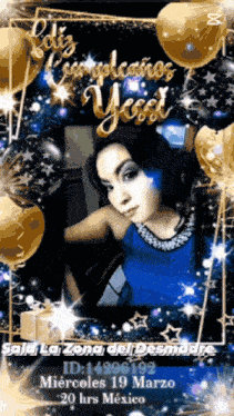 a woman in a blue dress is surrounded by gold balloons and says feliz cumpleanos yosel