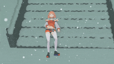a girl is sitting on a snowy staircase looking up