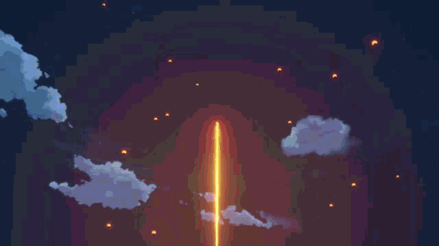 a pixel art drawing of a sun with clouds in the sky