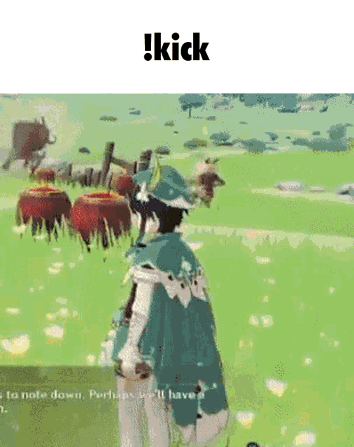 a person in a video game is standing in a field with the words kick above them .