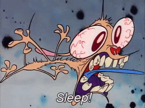 a cartoon character is screaming with the word sleep written below him