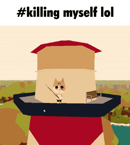 a cartoon of a cat holding a fishing rod with the words #killing myself lol above it