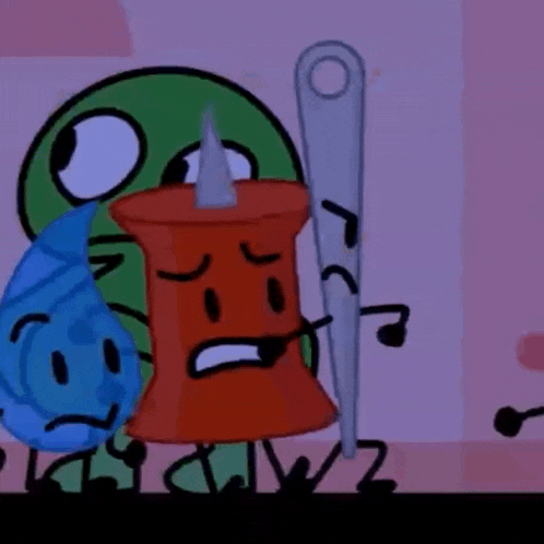 a group of cartoon characters including a pin and a needle with the letter r on it