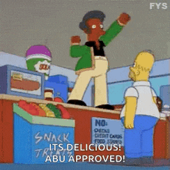 a cartoon character from the simpsons is standing on a counter in a store .