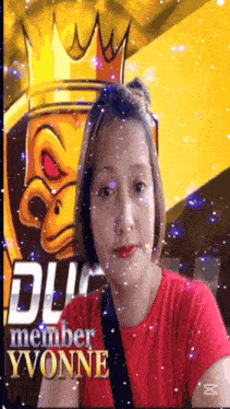 a woman in a red shirt is standing in front of a logo that says dl member yvonne