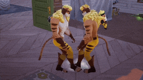 a couple of cartoon characters are standing next to each other