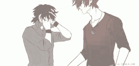 a drawing of two men standing next to each other . one of the men is touching the other 's face .