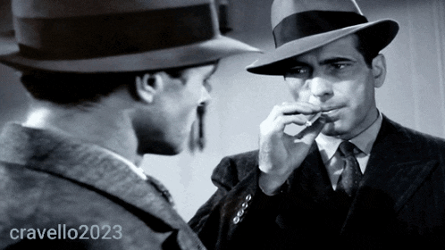 a man in a hat smoking a cigarette next to a man in a suit and tie with the year 2023 on the bottom