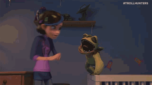 a cartoon of a woman petting a baby troll with #trollhunters written on the bottom