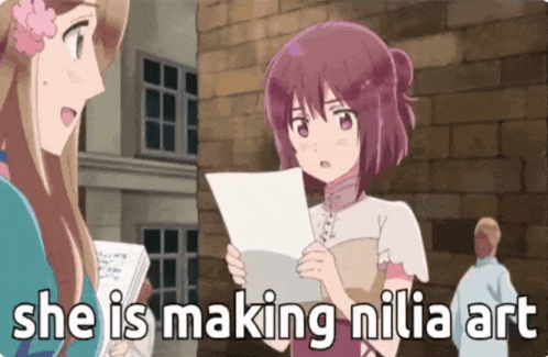 a cartoon of a girl holding a piece of paper that says she is making nilia art