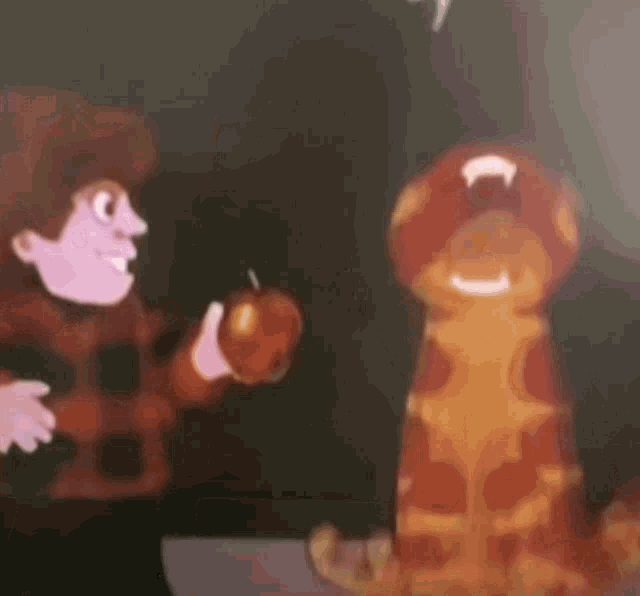 a cartoon character is holding an apple and talking to a cartoon character .