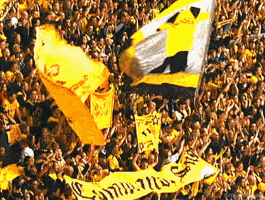 a crowd of people holding yellow flags and a banner that says ' germany '
