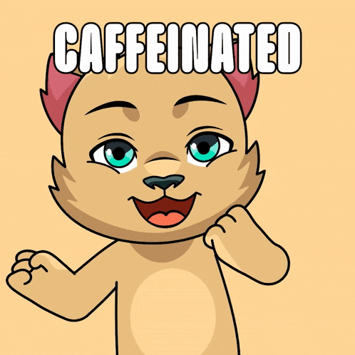 a picture of a cat with the words caffeinated on the bottom