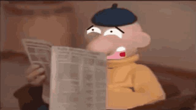 a cartoon character is reading a newspaper with a surprised expression on his face .