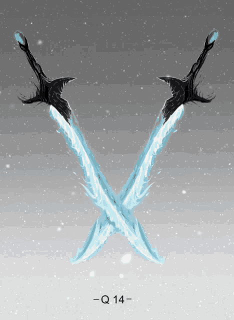 a drawing of two crossed swords with the numbers q14 below them