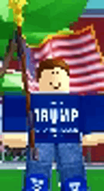 a roblox character wearing a trump shirt holds an american flag